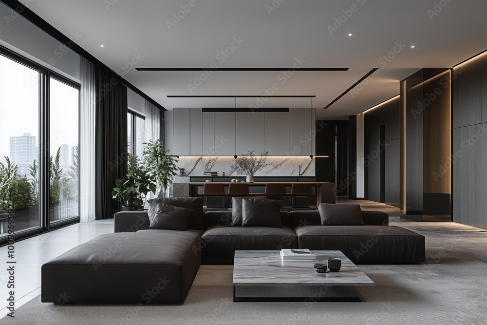 Living room in dark tones luxurious decorations, illustrations Living room in dark tones luxurious decorations, illustrations