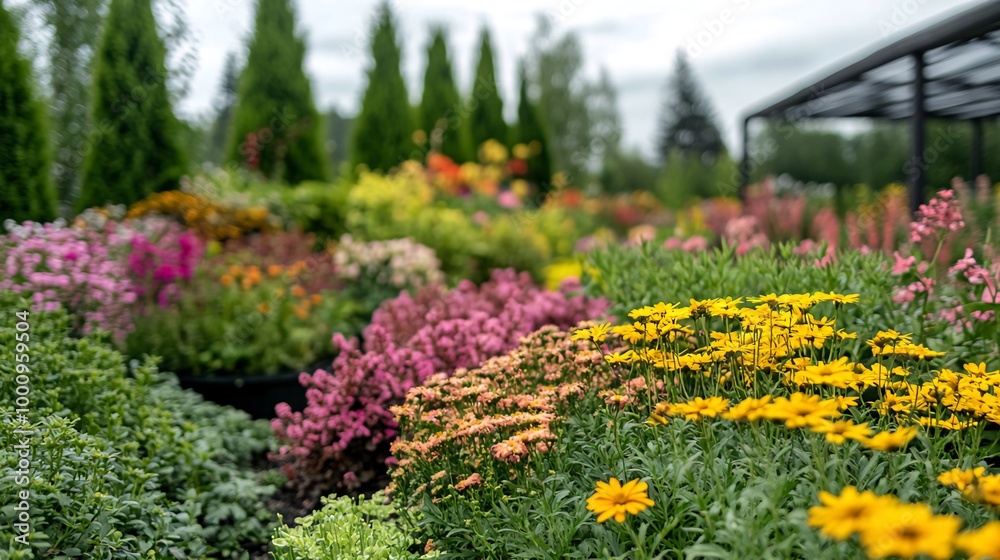 A vibrant display of colorful flowers in a garden nursery. A vibrant display of colorful flowers in a garden nursery.