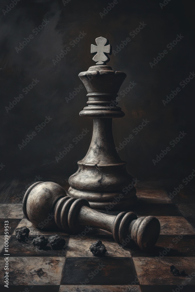 Dark Chess Victory: Majestic King Standing Over Fallen Pieces on a Gritty, Worn Chessboard Dark Chess Victory: Majestic King Standing Over Fallen Pieces on a Gritty, Worn Chessboard