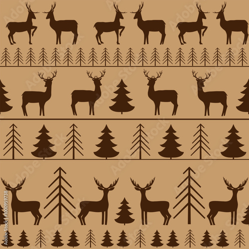 Deer and trees in brown tones seamless pattern
