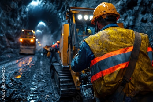 Industrial workers donned in safety gear operate heavy machinery within a dark, gritty tunnel, highlighting massive equipment and the intensity of labor in a harsh work environment.