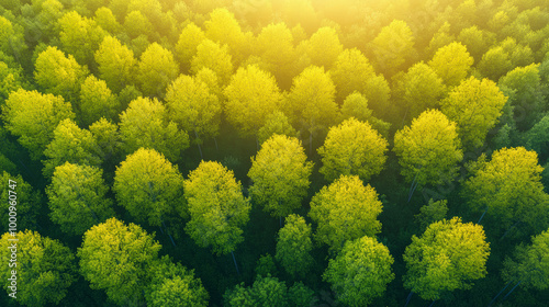 Aerial view of a lush, sunlit forest with dense green tree canopies extending towards the horizon, highlighting the beauty of nature.