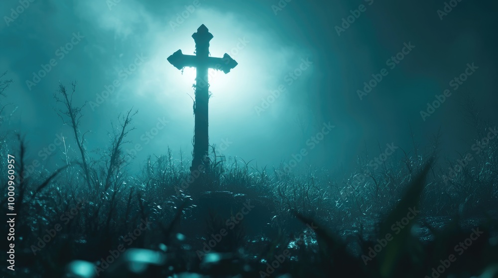 Eerie illuminated grave cross in misty graveyard Eerie illuminated grave cross in misty graveyard