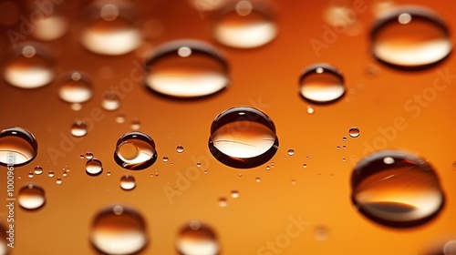 Water Droplets on Vibrant Orange Surface. Rain Droplets, Crisp Dew Background. Clear water drops. Aqua Wallpaper