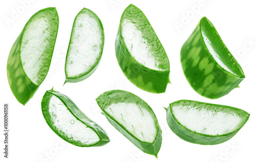 Aloe vera slices or cuts of aloe, macro shot isolated on white background. Clipping paths. photo