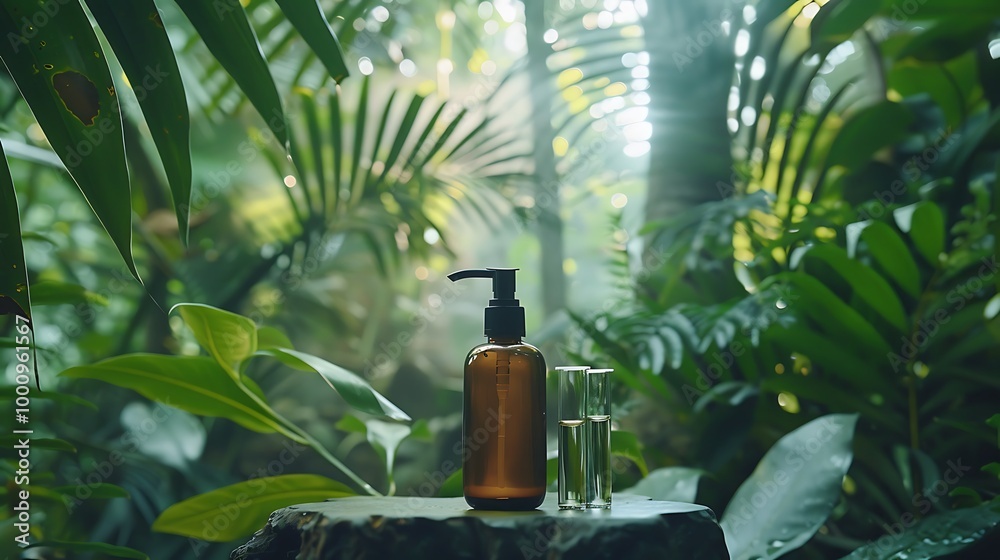 A face wash bottle in the middle of a tropical forest near to test tubes A face wash bottle in the middle of a tropical forest near to test tubes