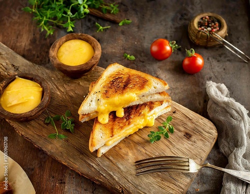 Grilled cheese sandwich with melted cheddar cheese, presented on a rustic wooden board, overhead view composition, professional food photography. photo