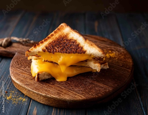 Grilled cheese sandwich with melted cheddar cheese, presented on a rustic wooden board, overhead view composition, professional food photography. photo