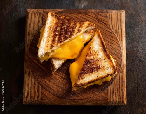 Grilled cheese sandwich with melted cheddar cheese, presented on a rustic wooden board, overhead view composition, professional food photography. photo