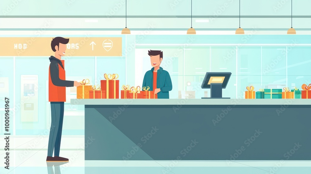 A man is standing in front of a counter with a bunch of presents A man is standing in front of a counter with a bunch of presents