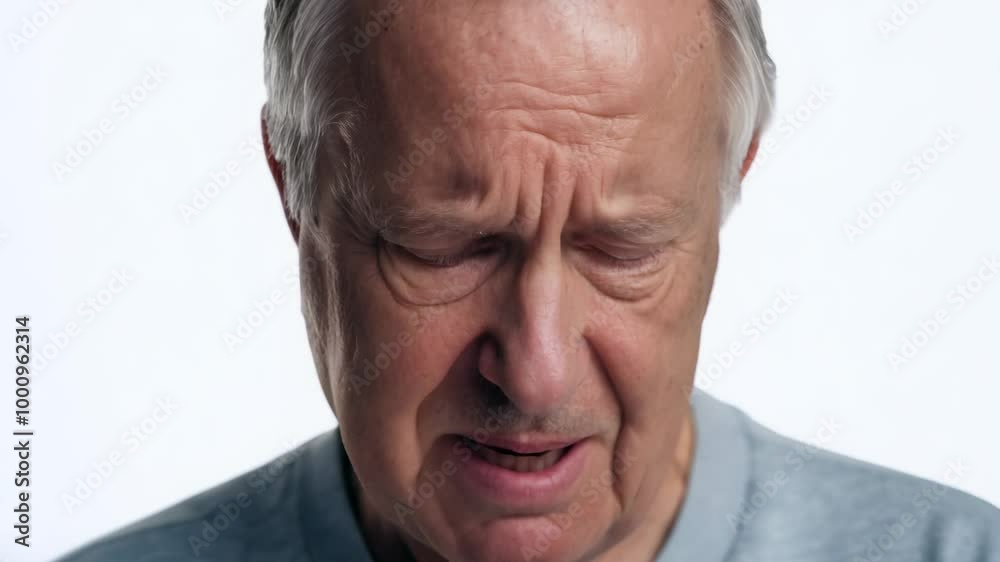 Elderly man with hearing aid expresses confusion in a static studio video with key light. Elderly man with hearing aid expresses confusion in a static studio video with key light.