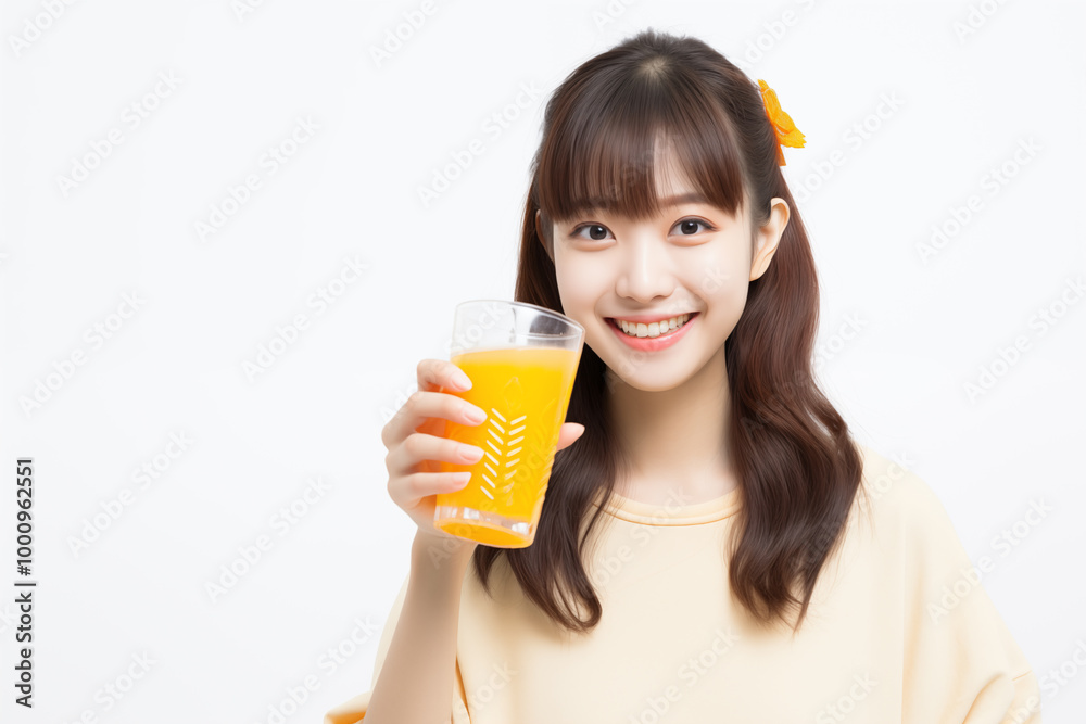 Teen pretty Japanese girl over isolated white background holding an orange juice Teen pretty Japanese girl over isolated white background holding an orange juice