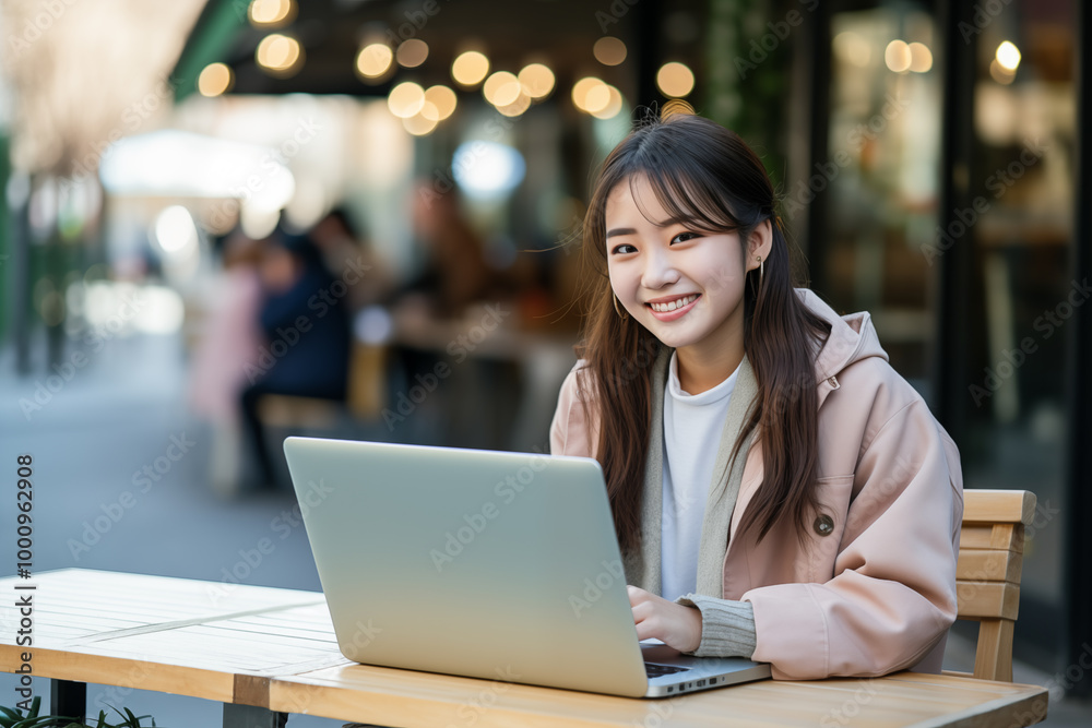Teen pretty Japanese girl at outdoors working with a laptop Teen pretty Japanese girl at outdoors working with a laptop