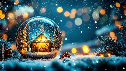 Snow Falling on Nativity Scene in Glass Globe | Magical Winter Animation. 30 seconds loop.
