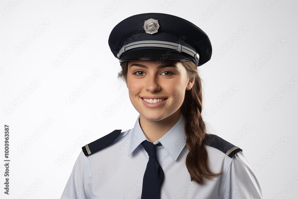 Young pretty brunette girl over isolated white background with police uniform Young pretty brunette girl over isolated white background with police uniform