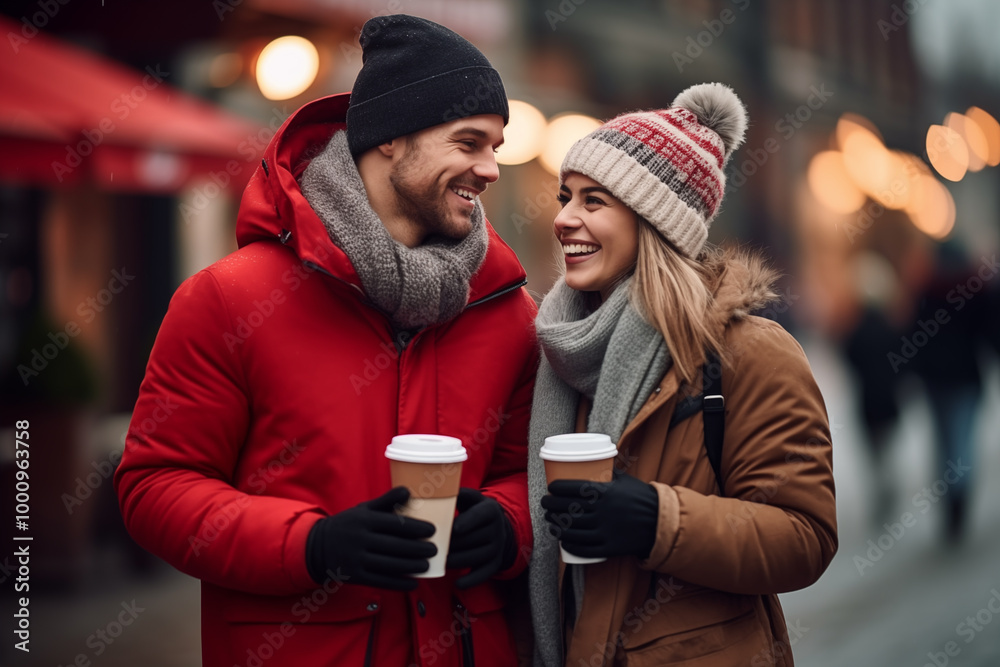 Young couple at outdoors holding a take away coffee Young couple at outdoors holding a take away coffee