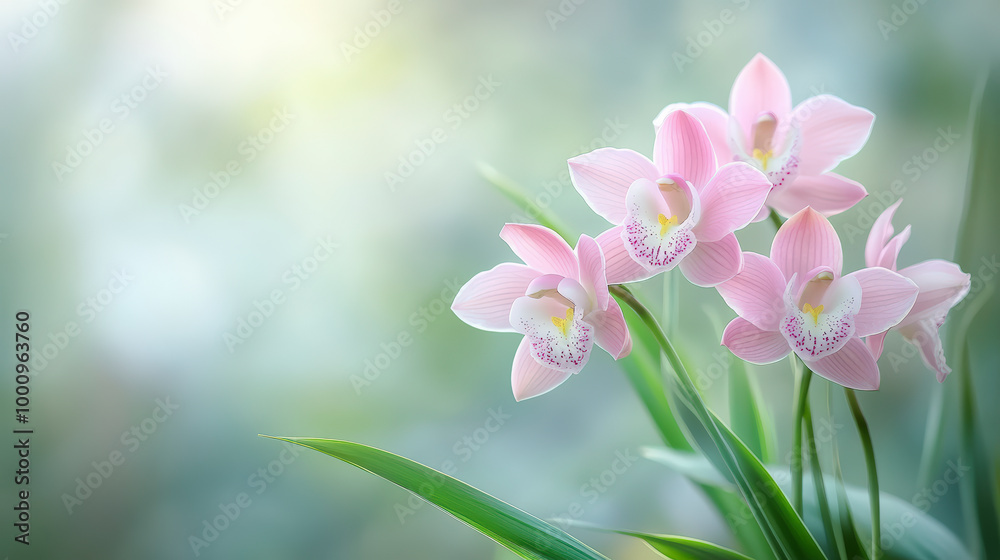 Delicate pink orchids in bloom, set against a soft, blurred background, showcasing the beauty and elegance of nature's intricate floral details. Delicate pink orchids in bloom, set against a soft, blurred background, showcasing the beauty and elegance of nature's intricate floral details.