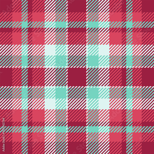 Preppy background check tartan, ethnicity plaid vector textile. Femininity fabric texture seamless pattern in red and teal colors.