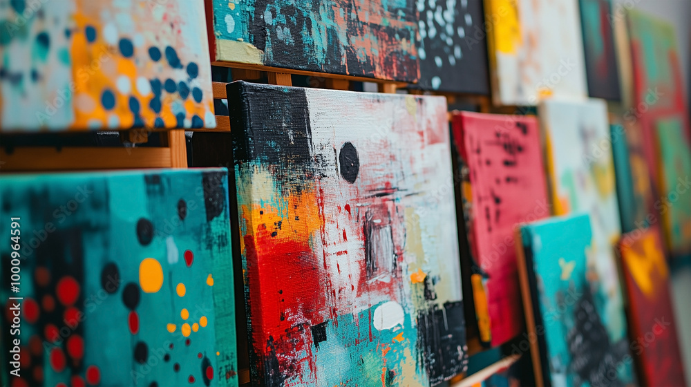 A row of paintings with different colors and patterns A row of paintings with different colors and patterns