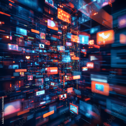 A dynamic digital collage with icons of social networks, streaming videos, and NFT symbols. Non-fungible token. Digital content concept.
