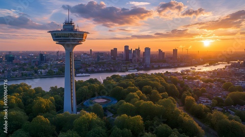 Euromast Rotterdam Sunset Aerial View - Iconic Dutch Landmark. photo