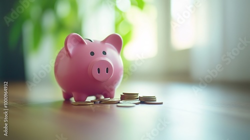 Wallpaper Mural Coins and pink piggy bank on wooden floor, green blur background with space for financial text. Torontodigital.ca