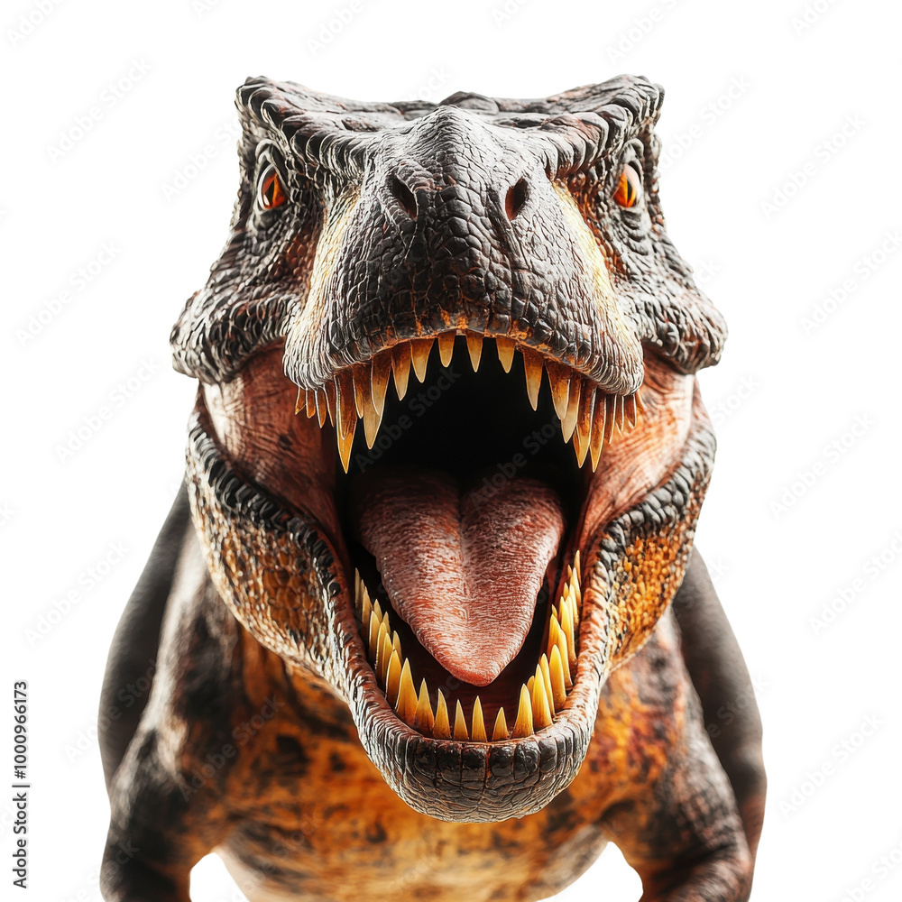 A fierce dinosaur with sharp teeth and roaring expression, white isolated background.