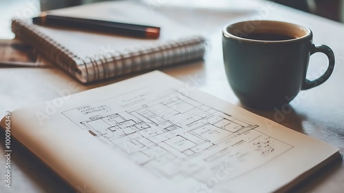 Open architectural sketchbook with multiple floor plans and home design concepts, placed next to a cup of coffee on a minimalist desk.