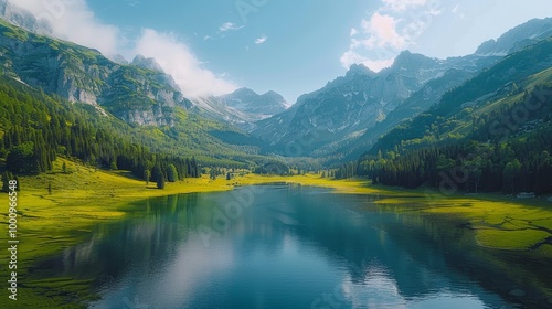 Mountain lake with forest reflection and scenic peaks 