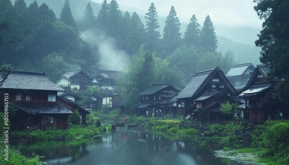 Naklejka premium Traditional Japanese Village. Wooden Houses in the Mountains. Rural Japanese Landscape. Traditional Japanese Architecture.