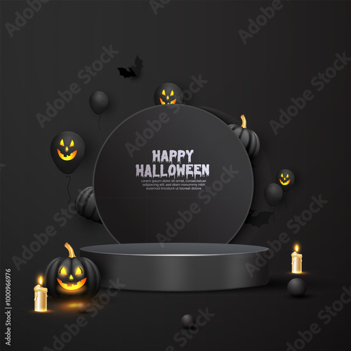 Black color abstract Happy Halloween 3D realistic promotion product podium design with pumpkin bats, and candles. 3D rendered product mockup cylinder podium design with black color. Halloween poster.