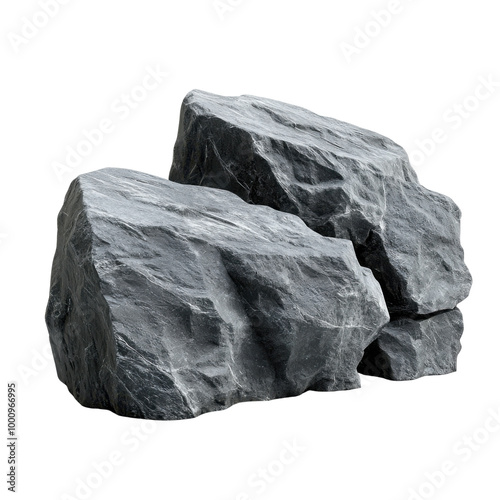 Two large, textured rocks isolated on a white background for design purposes.