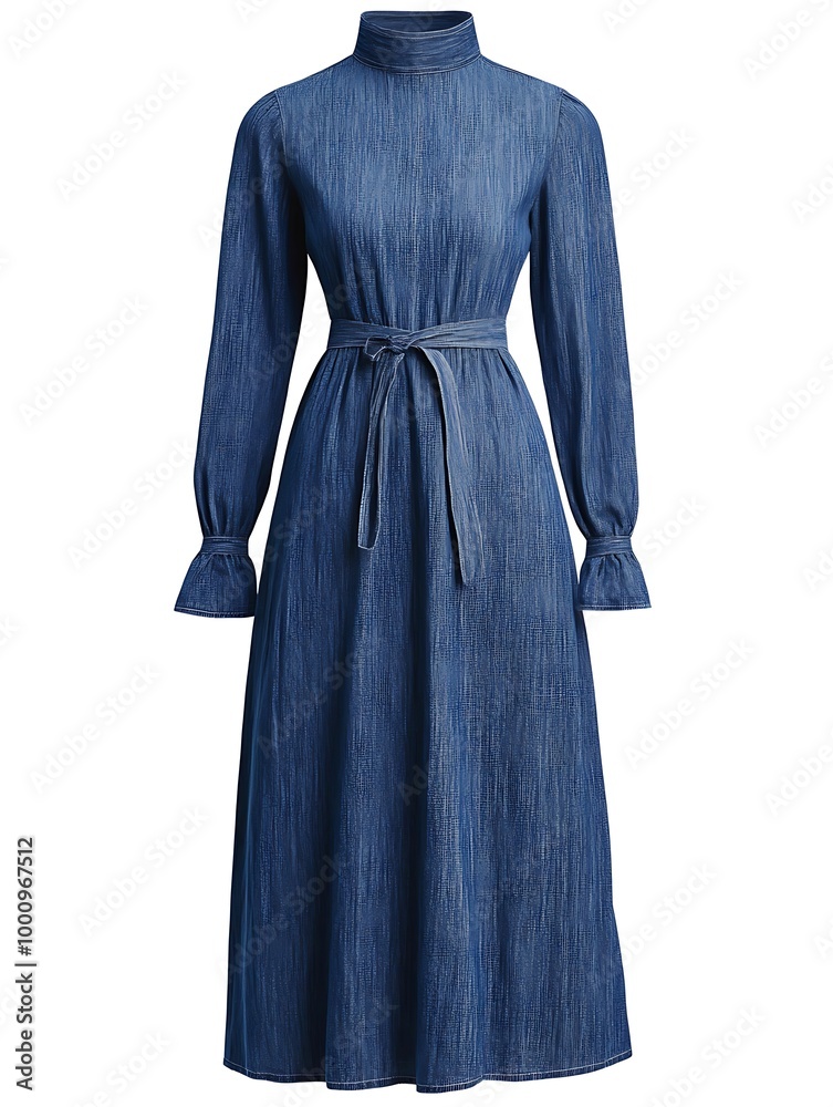 Denim Dress with Long Sleeves and Belt. Denim Dress with Long Sleeves and Belt.