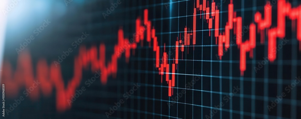 A close-up view of a red stock market graph on a dark grid background, depicting fluctuations and trends in financial data. A close-up view of a red stock market graph on a dark grid background, depicting fluctuations and trends in financial data.
