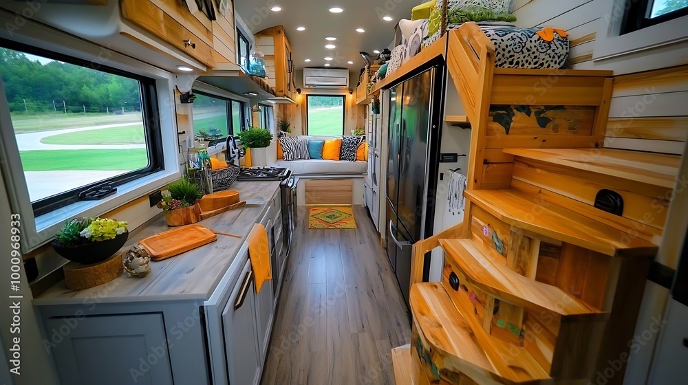 Fototapeta premium Modern Tiny Home Interior Design with Kitchen and Loft Bedroom