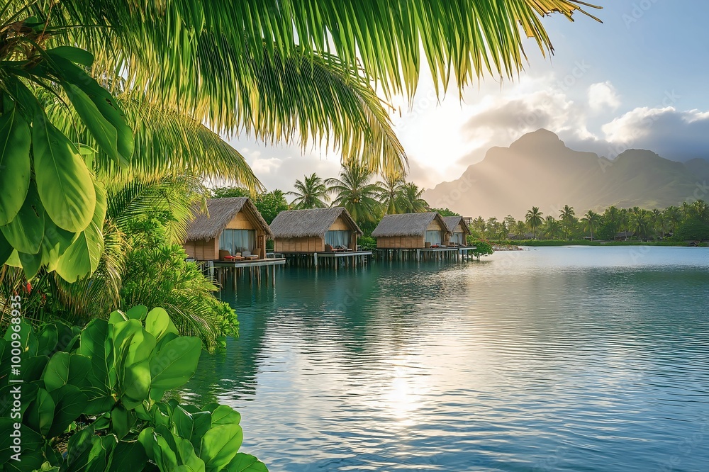Luxurious overwater bungalows surrounded by lush tropical greenery and calm waters, with a stunning sunset illuminating distant mountains. Luxurious overwater bungalows surrounded by lush tropical greenery and calm waters, with a stunning sunset illuminating distant mountains.