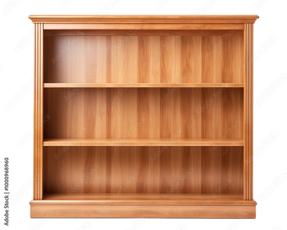 Wooden bookshelf with empty shelves, suitable for various displays.