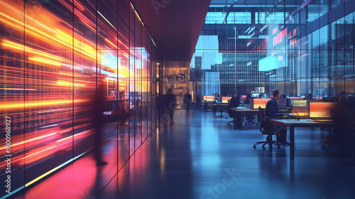 long exposure with motion blur light trail of modern neon open space office room    photo