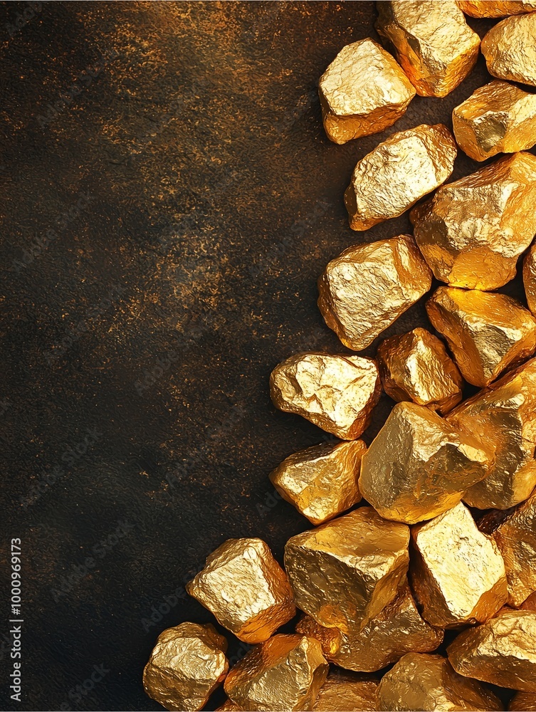 Legacy of Gold: A close-up view of glittering gold nuggets scattered over a dark surface, highlighting their shiny textures and rich hues. Legacy of Gold: A close-up view of glittering gold nuggets scattered over a dark surface, highlighting their shiny textures and rich hues.