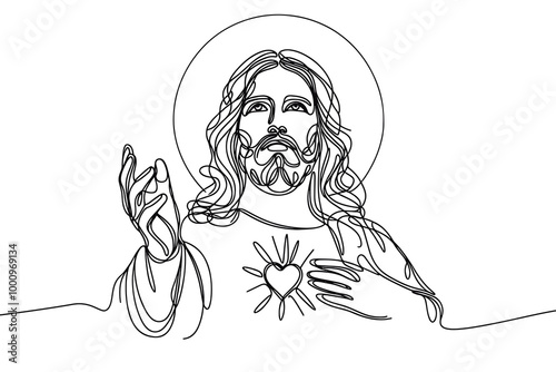 Vector linear image on white background, one line. Portrait of Jesus Christ with shining heart