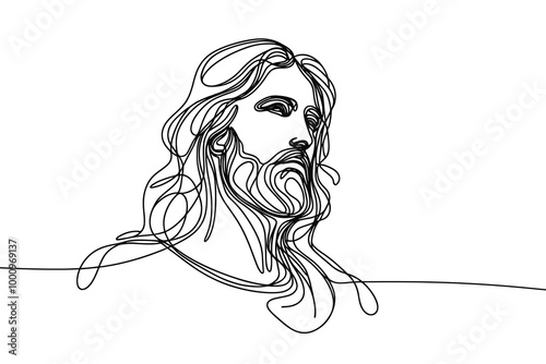 Vector linear image on white background, one line. Portrait of Jesus Christ 
