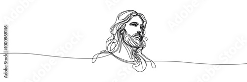 Vector linear image on white background, one line. Portrait of Jesus Christ 