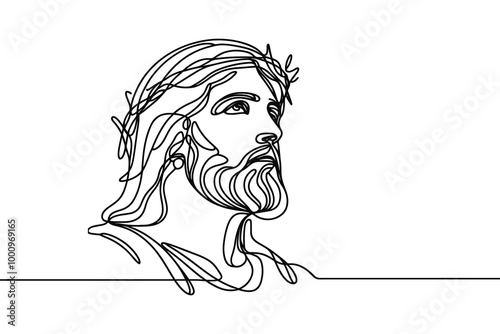Vector linear image on white background, one line. Picture of Jesus Christ in a wreath of thorns