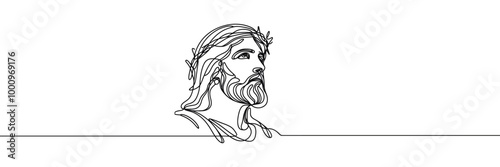 Vector linear image on white background, one line. Picture of Jesus Christ in a wreath of thorns