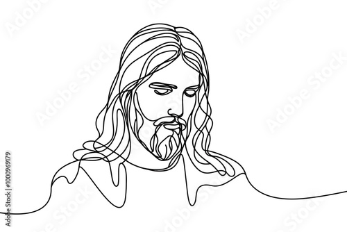 Vector linear image on white background, one line. Portrait of Jesus Christ 