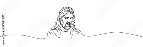 Vector linear image on white background, one line. Portrait of Jesus Christ 