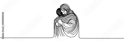 Vector linear image on white background, one line. Jesus embraces a man, Jesus embraces a sinner