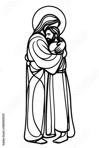 Vector linear image on white background, one line. Jesus embraces a man, Jesus embraces a sinner