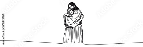 Vector linear image on white background, one line. Jesus embraces a man, Jesus embraces a sinner