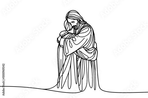 Vector linear image on white background, one line. Jesus embraces a man, Jesus embraces a sinner